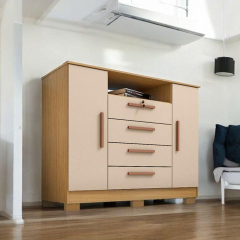 Cômoda Reforçada London Luxo 2 Portas e 4 Gavetas Carvalho Off White