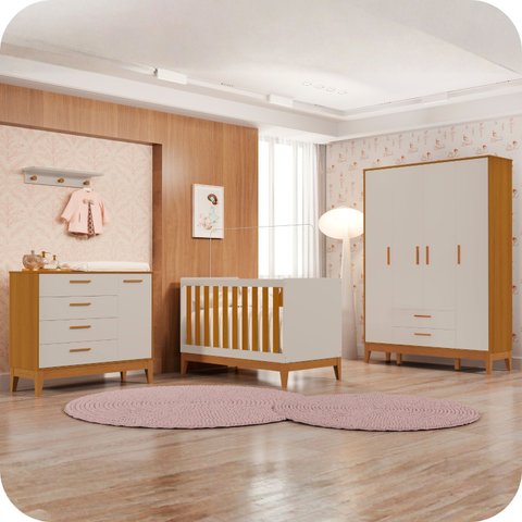Quarto de Bebê Berço + Cômoda + Guarda Roupas Fosco Flip Areia Fosco/Savana