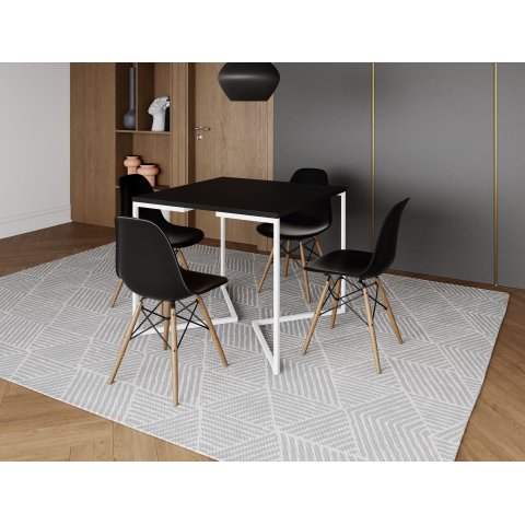 Mesa Industrial Base Ferro Branco em V Tampo 90x90 Preto 4 Cadeiras Eames Madeira Assento Preto