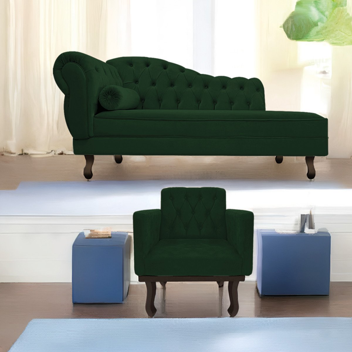 Kit Diva Recamier Diana 185cm Lado Direito e 01 Poltrona Classic Suede Verde - ADJ Decor