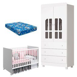 Guarda Roupas Infantil 2 Portas Katatau e Berço Nacional Mel Branco Brilho com Colchão Ortobom - 1