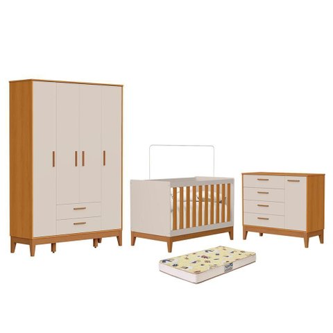 Dormitório Infantil Flip Guarda Roupa 4 Portas, Cômoda 1 Porta e Berço Areia Fosco/savana com