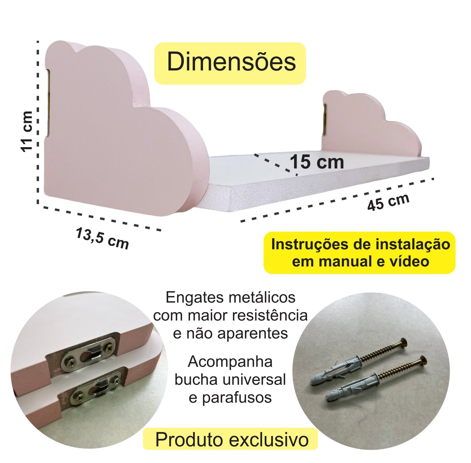 3 Prateleiras Coloridas Decoração Infantil Nuvem 45x15cm:branco - 4