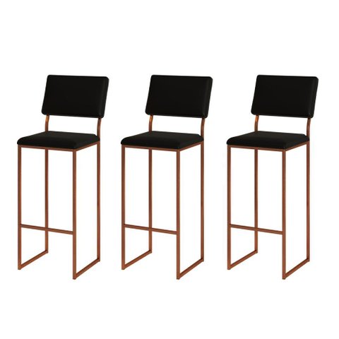 Kit 3 Banquetas com Encosto Industrial e Moderna Nina Cobre e Corino Preto