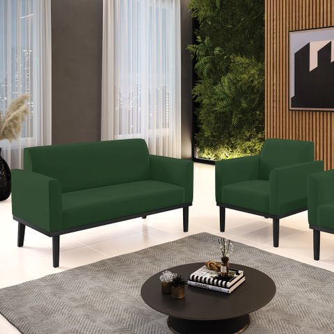 Conjunto Poltrona e Namoradeira Decorativa Isabella Pés Fixo em Madeira Preto Veludo Verde Esmeralda