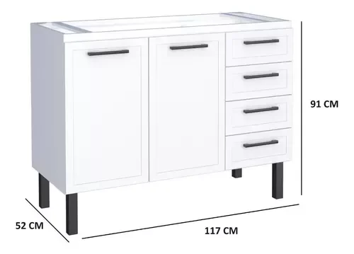 Gabinete Armario Cozinha Juno 1.20 Mt -2 Portas 4 Gavetas - 100% Aço -Cozimax:BRANCO - 3