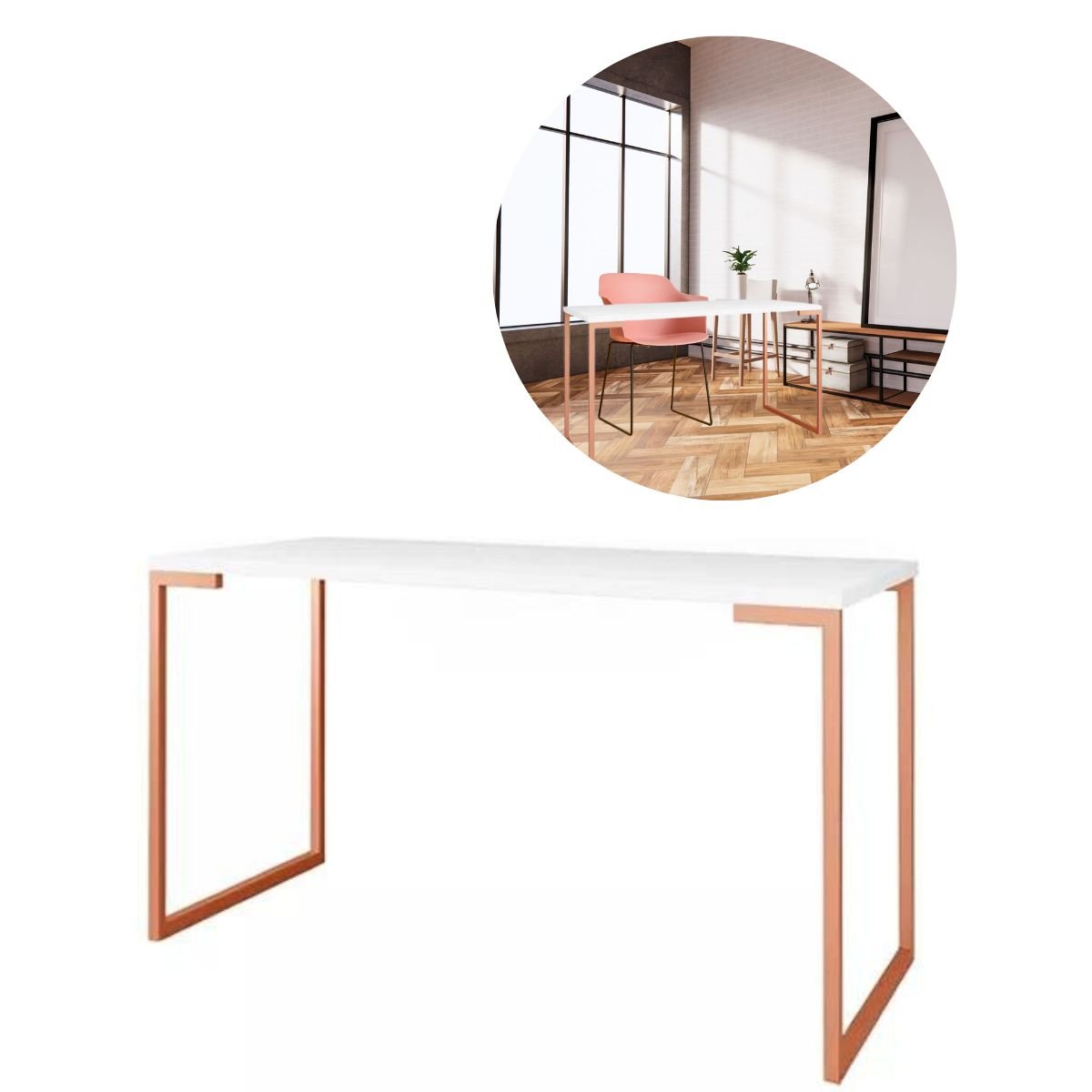 Mesa Escrivaninha 090x0,60 Estilo Industrial Rose Gold com Tampo Branco - 2