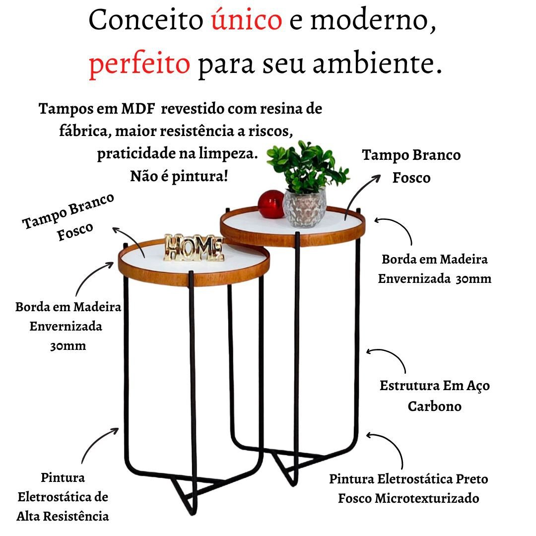 Mesa Lateral Sala Estar Apoio Canto Sofá Conjunto Rustico Pequena Redonda Recepção:Tampos Brancos Fe - 5