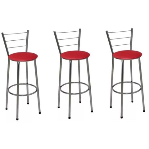 Kit 3 Banquetas Média Cromada Com Encosto Assento Vermelho