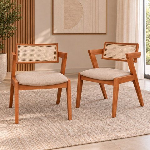 Kit 2 Cadeiras Madeira Maciça Rattan de Fibranatural e Estofada Verona Espresso Móveis