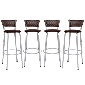 Banco Banquetas Alta Prata Encosto Junco Balcão Bistrô Ilhas Gourmet Bares Kit 4 - Marrom Claro