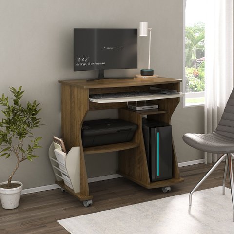 Escrivaninha Mesa Escritório para Computador com Rodízios e Espaço para Gabinete 160 100% MDF 88cm Pinho e Off White Marrom