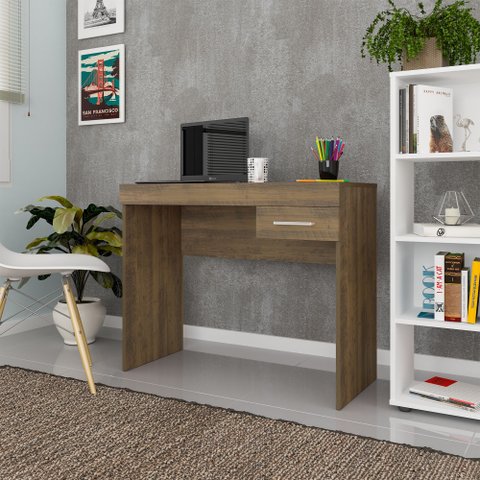 Escrivaninha Mesa Escritório Minimalista e Compacta Cooler para Home Office 1 Gaveta 91cm Pinho Marrom