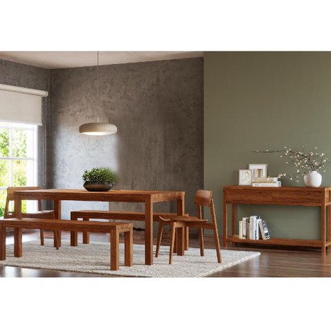 Conjunto Sala Jantar Nature: Aparador, Mesa, Banco e Cadeiras Rústico Escuro Madeira Pinus