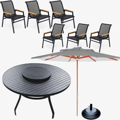 Jogo de Mesa Giratória 6 Cadeiras Resistente Piscina Área Externa + Guarda Sol Preto