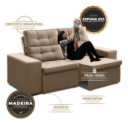 Sofá Roma Retrátil 2 Lugares Veludo Capuccino 1.90cm Sala Tv Bz Home Decor - 3