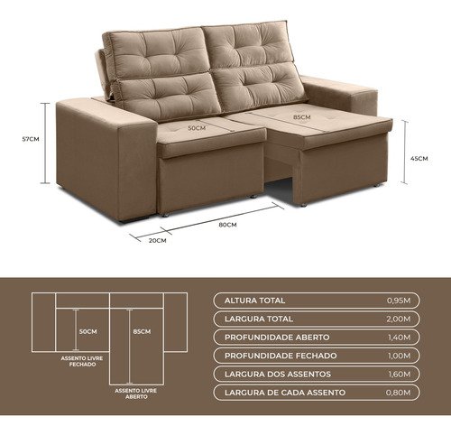 Sofá Roma Retrátil 2 Lugares Veludo Capuccino 1.90cm Sala Tv Bz Home Decor - 6