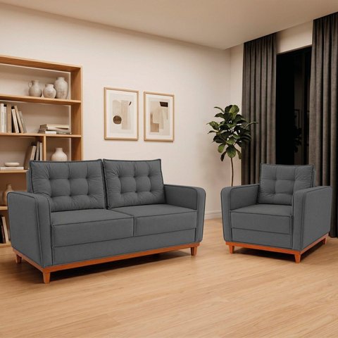 Kit Sofá 2 Lugares e 1 Poltrona Luxo Moderno Sala de Estar Linho Samuel