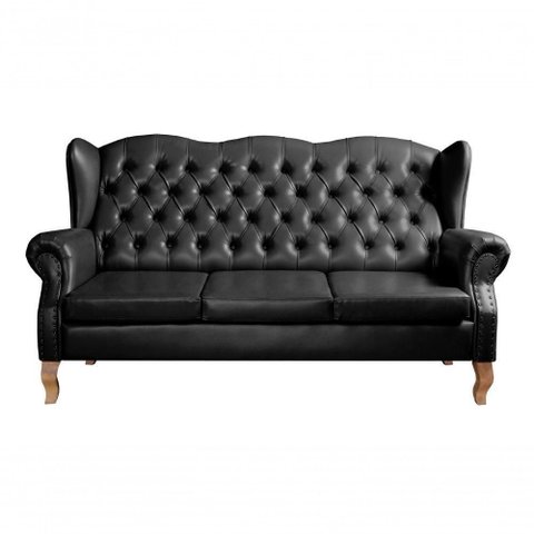 Sofá Imperador 3 Lugares 185cm Preto Couro Sintético Bella Decor