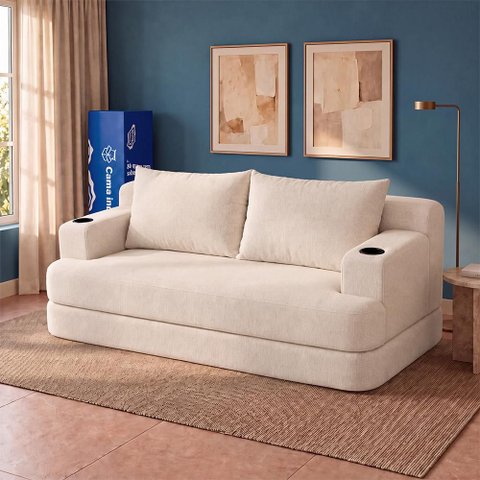 Sofá Cama Nami 1,50m Xpand Tech Tecido Bouclê Bege Claro Cama Inbox