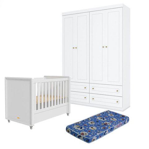 Berço Tutto New e Guarda Roupa Infantil Americano 4 Portas Branco Fosco com Colchão Ortobom - Matic