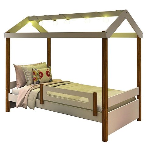 Cama Com Fio De Luz Montessori Cabana Branco Mel
