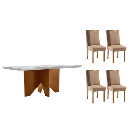 Conjunto Sala de Jantar Nevada C/ Tampo Madeirado C/ Vidro Canto Curvo 120x80cm e 4 Cadeiras Tilia