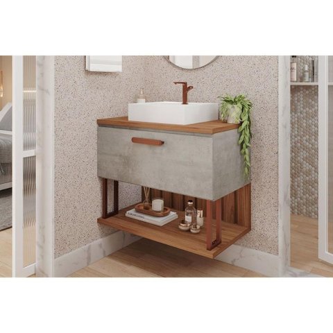 Bancada de Banheiro Balcão Duna 1 Porta C- Cuba 80cm Cimento-freijo - Mgm