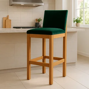Banqueta Alta Pérola com Encosto Estofada em Veludo Verde Madeira Maciça Castanho