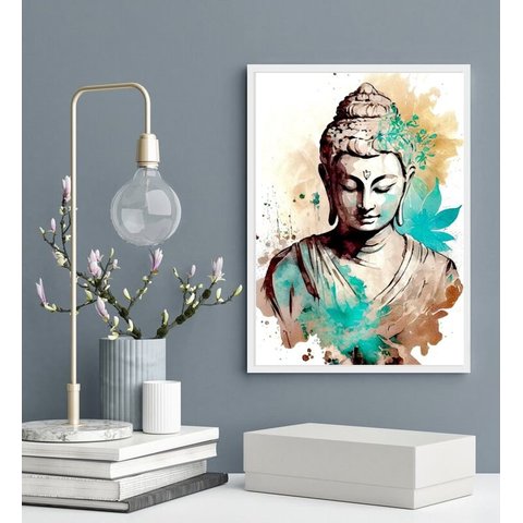 Quadro Decorativo Buda Aquarela Turquesa 24x18cm - com Vidro:madeira Branca