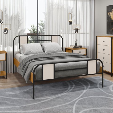 Cama Casal Tubular 145cm x 102cm Sevilha Marrom/Preto/Nature/Off White