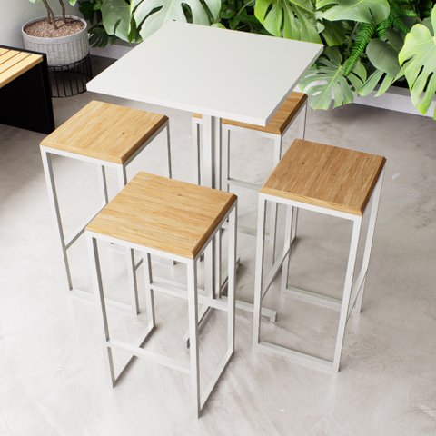 Conjunto Mesa Alta Bar Bistrô Quadrada Branca 4 Bancos Pinus Industrial White Don Castro Decor Indus