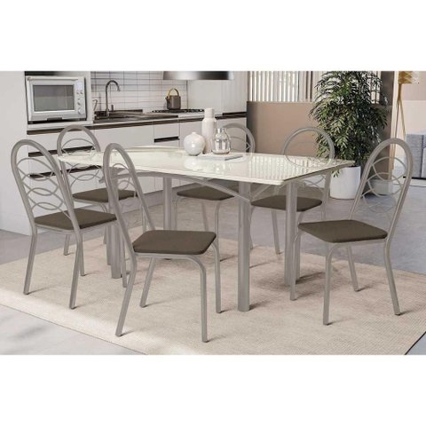 Conjunto: Mesa de Cozinha Elba Tampo Madeirado C/ Vidro 160cm e 6 Cadeiras Holanda Niquel/off White