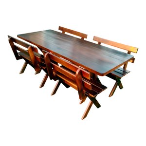 Conjunto Mesa Rústica 2m e 4 Bancos Madeira Maciça Eucalipto:Tabaco