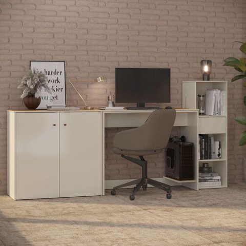 Conjunto de Escritório 3 Peças Smart Office Mesa Armário e Aparador - Off White e Cedro
