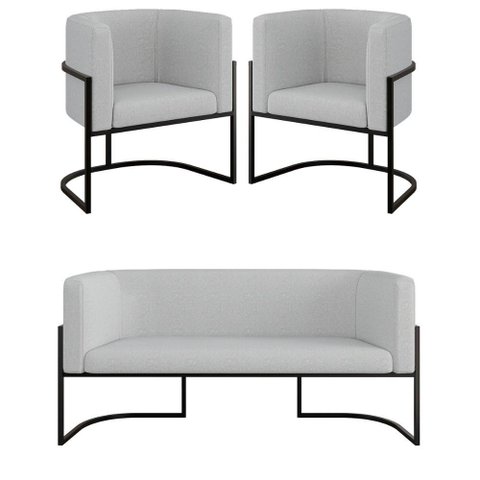Kit Sofá 2 Lugares + 2 Poltronas Bouclê Preto Cinza
