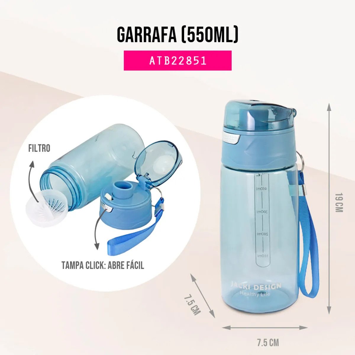 Garrafa Tipo Squeeze para 550ml Jacki Design Ref.22851:Azul - 4