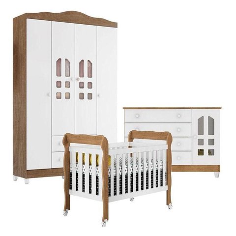 Quarto de Bebê New Selena 4 Portas com Berço Lila e Cômoda Gran Selena Branco Acetinado