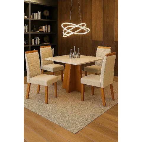 Conjunto de Mesa Alice com 4 Cadeiras Olga 90x90 Off White