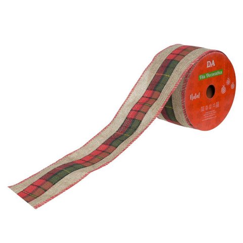Fita Aramada de Natal Linho com Xadrez Vermelho e Verde 6,3cmx9,14m