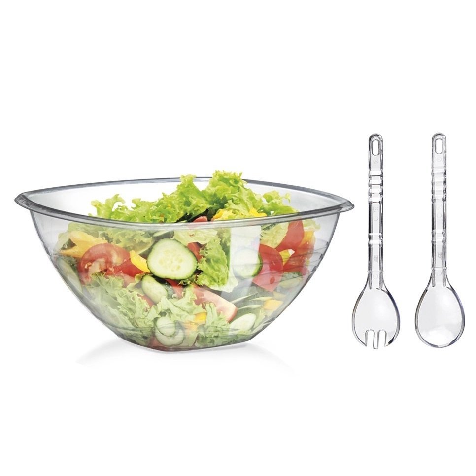 Saladeira Grande 4,5 L + Colher + Garfo de Salada Acrílico Conjunto para Salada Kit 3 Peças - Panami