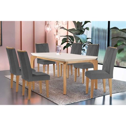 Sala de Jantar Completa Londrina C/ Tampo Madeirado Canto Reto 180x90cm e 6 Cadeiras Amsterdã