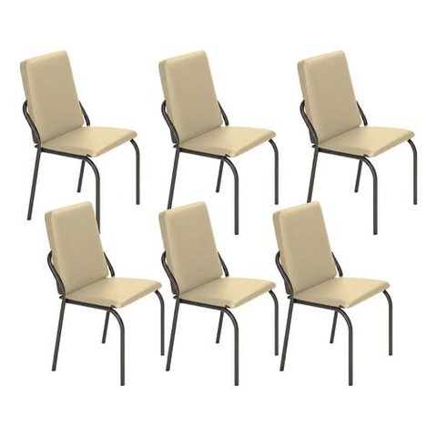 Kit 6 Cadeiras Malibu Corino Creme Tubo Preto Fosco