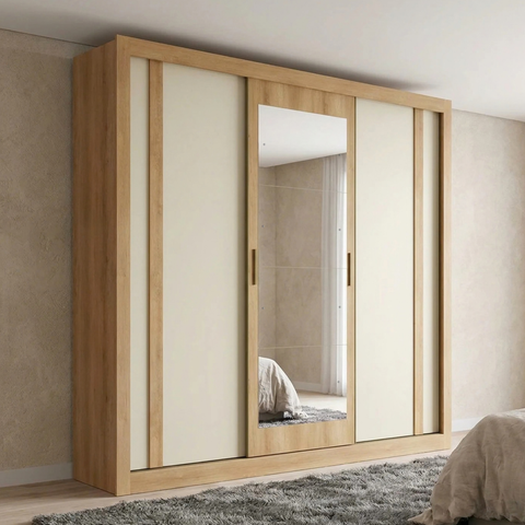 Guarda-Roupa Casal com Espelho 3 Portas de Correr 4 Gavetas 230cm Ibiza Yescasa Cappuccino/Off White