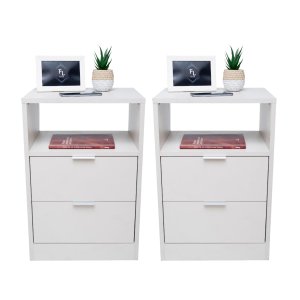 Kit 2 Mesas de Cabeceira Off White  com 2 Gavetas e Nicho Mesinha Quarto Lateral da Cama Estilo