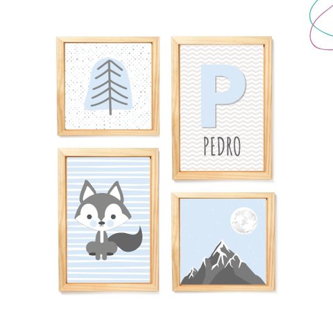 4 Quadros Decorativos Infantil Escandinavo Montanha Lobinho:pinus