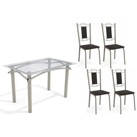 Conjunto: Mesa de Cozinha Elba C/ Tampo de Vidro 120cm e 4 Cadeiras Florença Niquel - Courano Preto