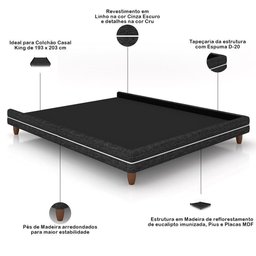 Cama Casal King Base Box Pés Madeira 203cm Suném P05 Linho Cinza Escuro - Lyam Decor - 4