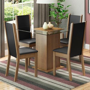 Conjunto Sala de Jantar Madesa Aline Mesa Tampo de Vidro 4 Cadeiras - Rustic/preto/sintpreto
