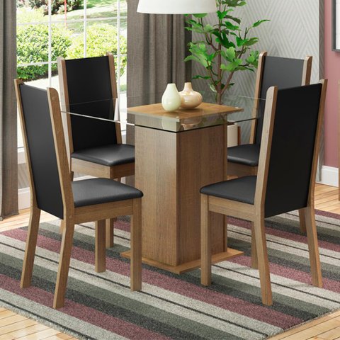 Conjunto Sala de Jantar Madesa Aline Mesa Tampo de Vidro 4 Cadeiras - Rustic/preto/sintpreto